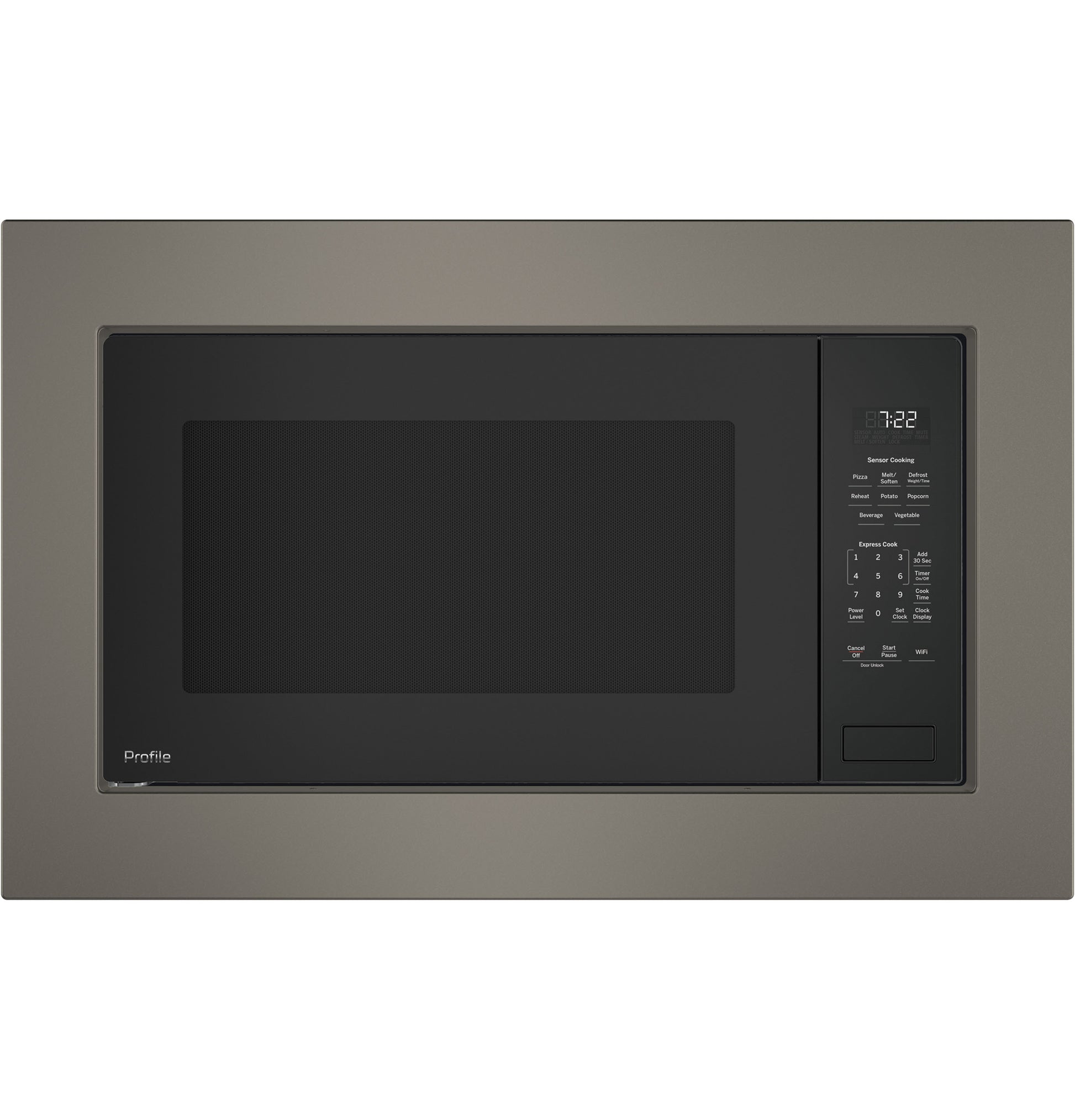 Built-in dark stainless steel microwave with sensor controls and digital display in kitchen appliance collection