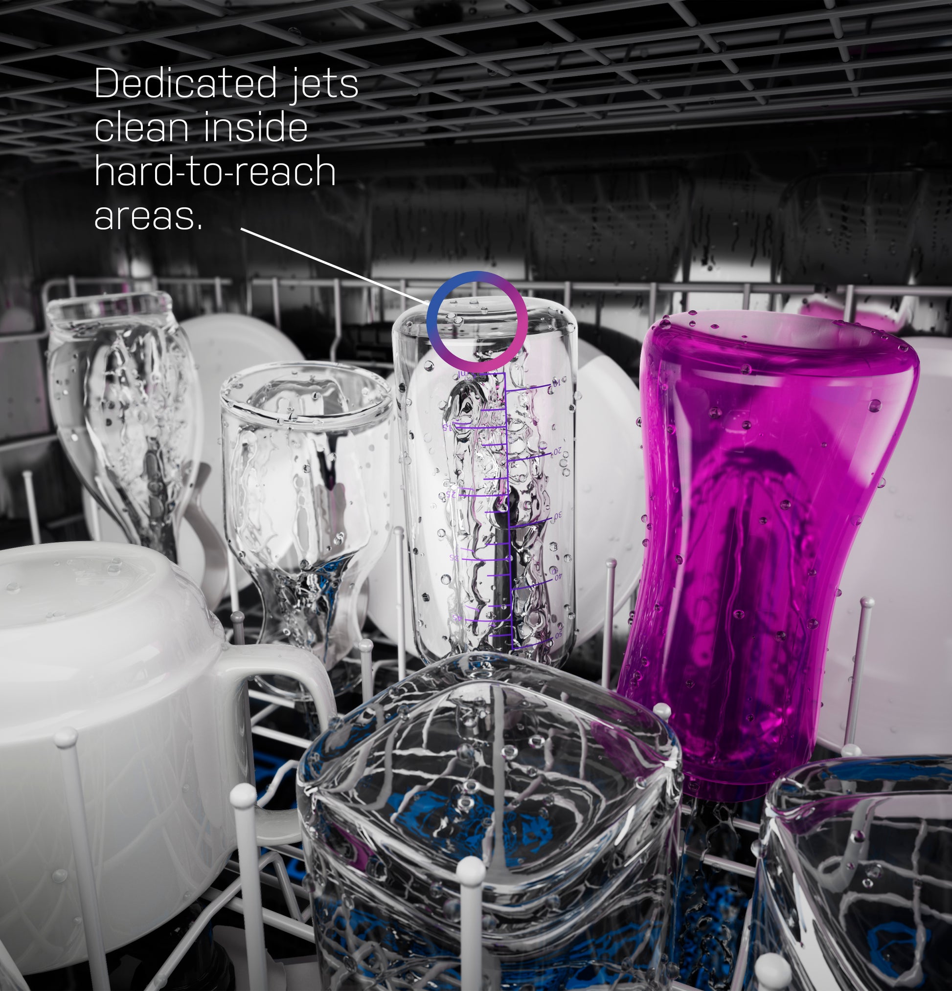 Inside view of dishwasher showcasing water jets targeting hard-to-reach spots with glasses and cups arranged for cleaning.