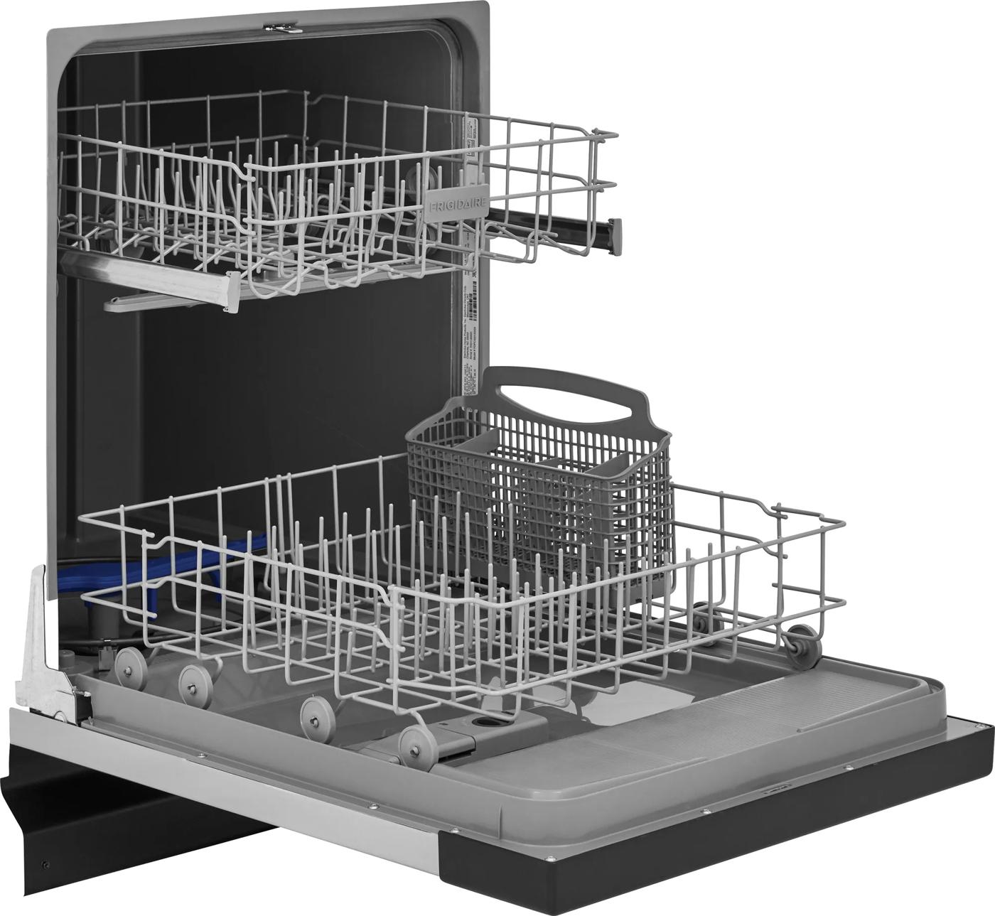 Open built-in dishwasher with two pull-out racks and utensil basket in gray and black for kitchen appliances