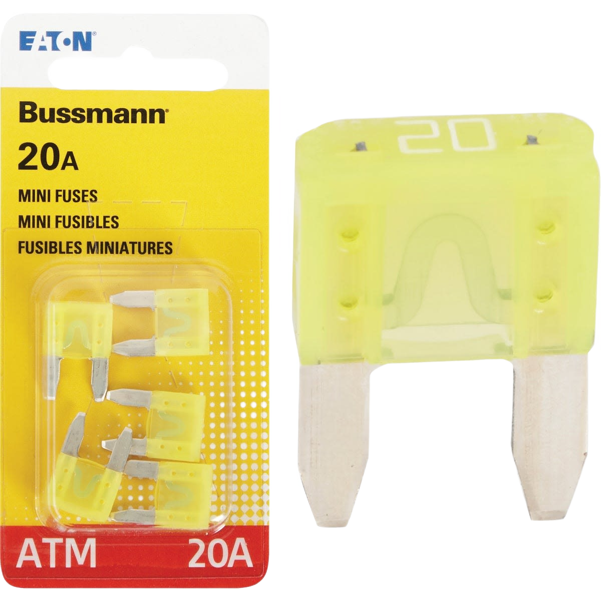 Five yellow 20 amp mini automotive fuses in blister pack with one fuse shown separately for home improvement use