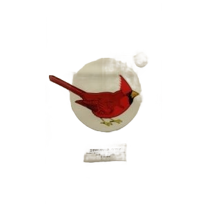 Red cardinal bird illustration on a circular white background with a small sunflower seeds label below