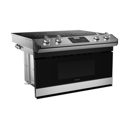 Stainless steel smart electric cooktop with four knobs, digital controls, and integrated microwave drawer below