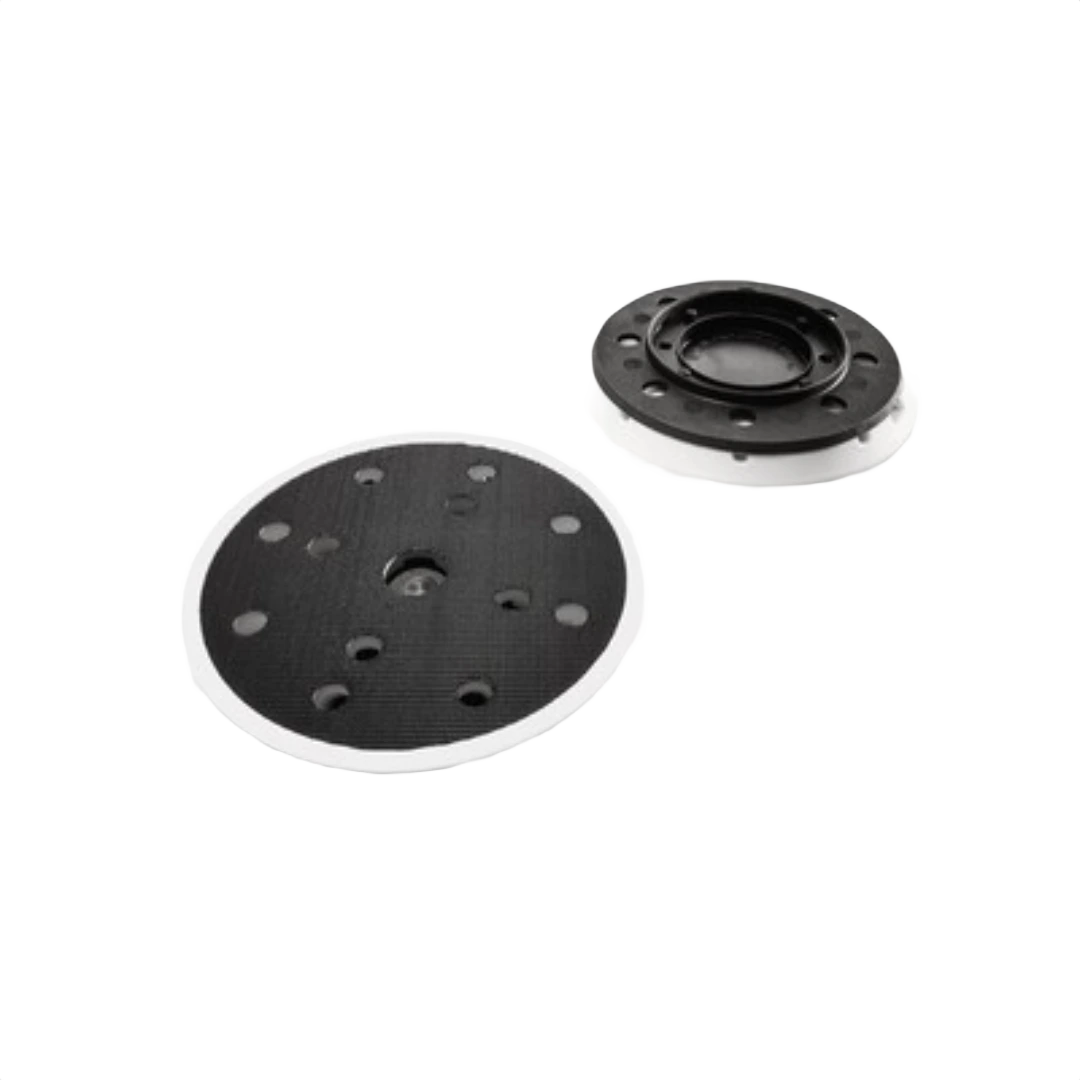 Soft sanding pad with multiple ventilation holes and a black backing for woodworking and power tool accessories