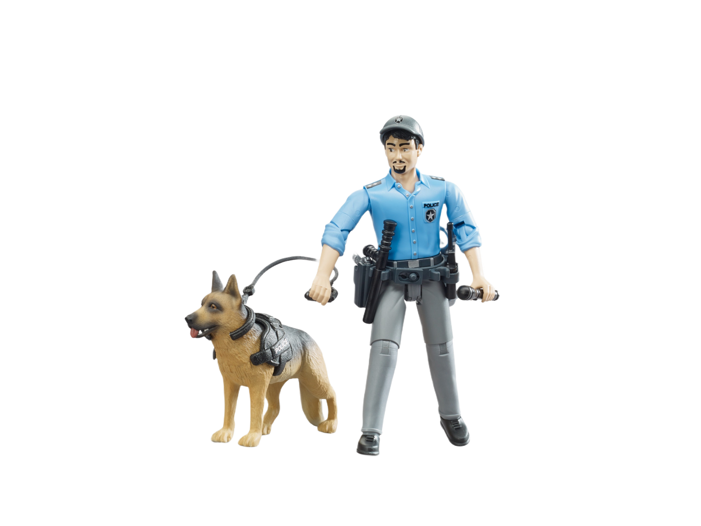 Police officer figure in blue uniform holding leash attached to German Shepherd dog toy wearing a harness