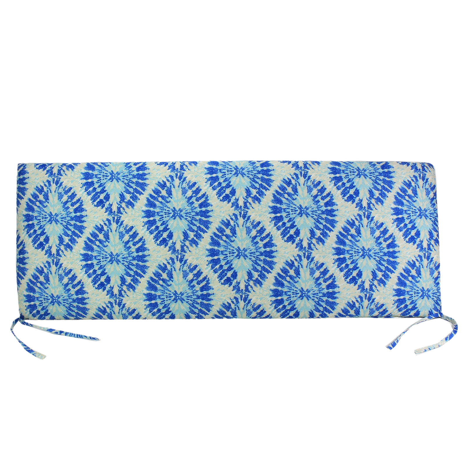 Blue patterned outdoor bench cushion with tie straps for patio furniture in outdoor living collections under $100