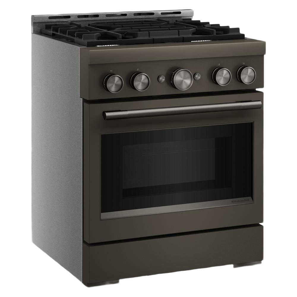 Matte graphite 30-inch commercial-style gas range with four burners, stainless steel control knobs, and large oven window, part of KitchenAid and Kitchen & Kitchenware collections.
