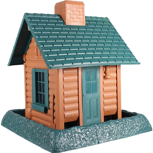 Small log cabin-style bird feeder with green roof and base, designed for outdoor use and decorative appeal