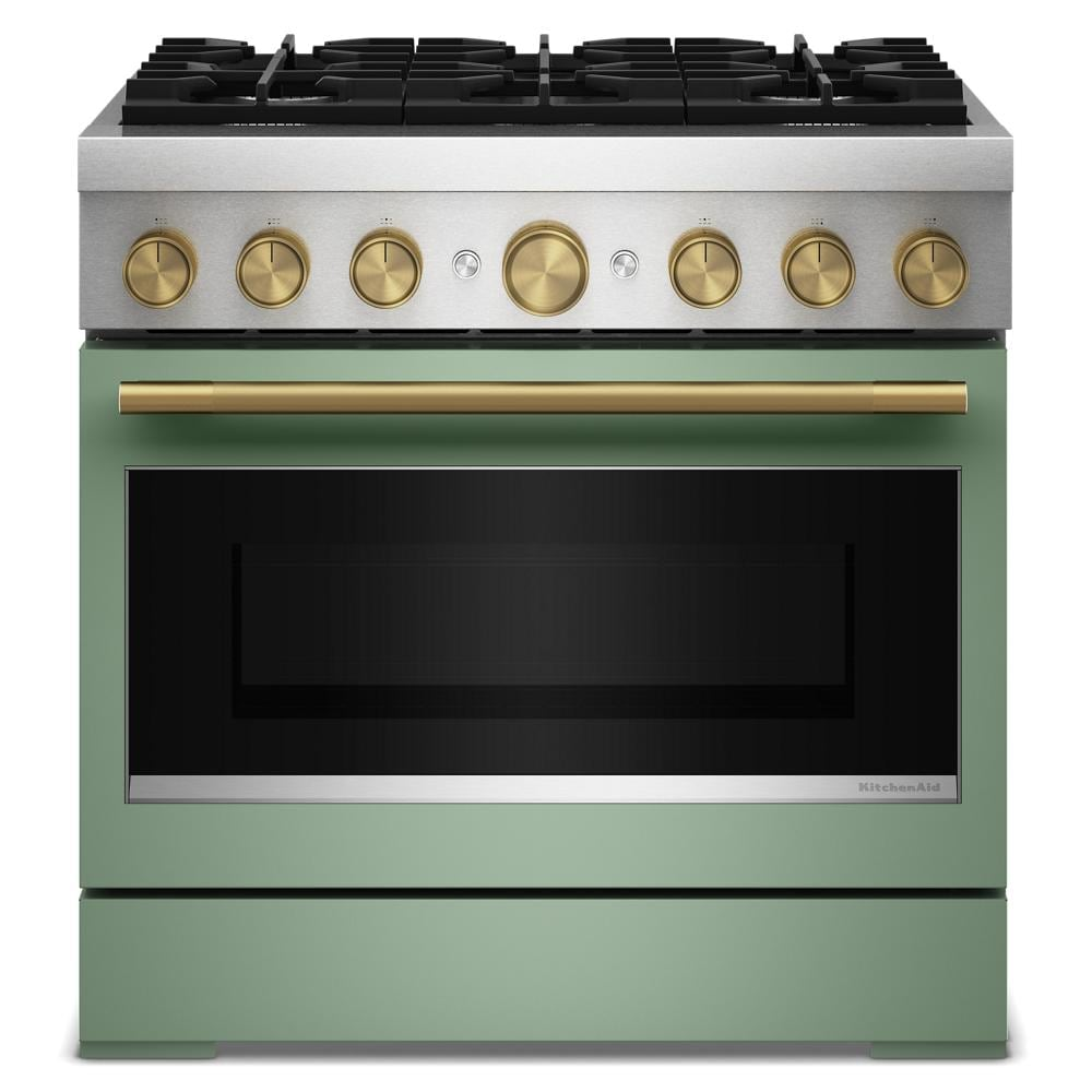Front view of green and stainless steel dual fuel range with six brass control knobs in ranges and kitchenware collection