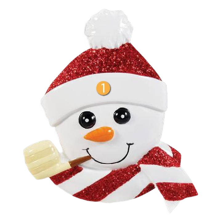 Snowman face ornament with red glitter hat and scarf, smiling with carrot nose and holding a pipe from Christmas collection