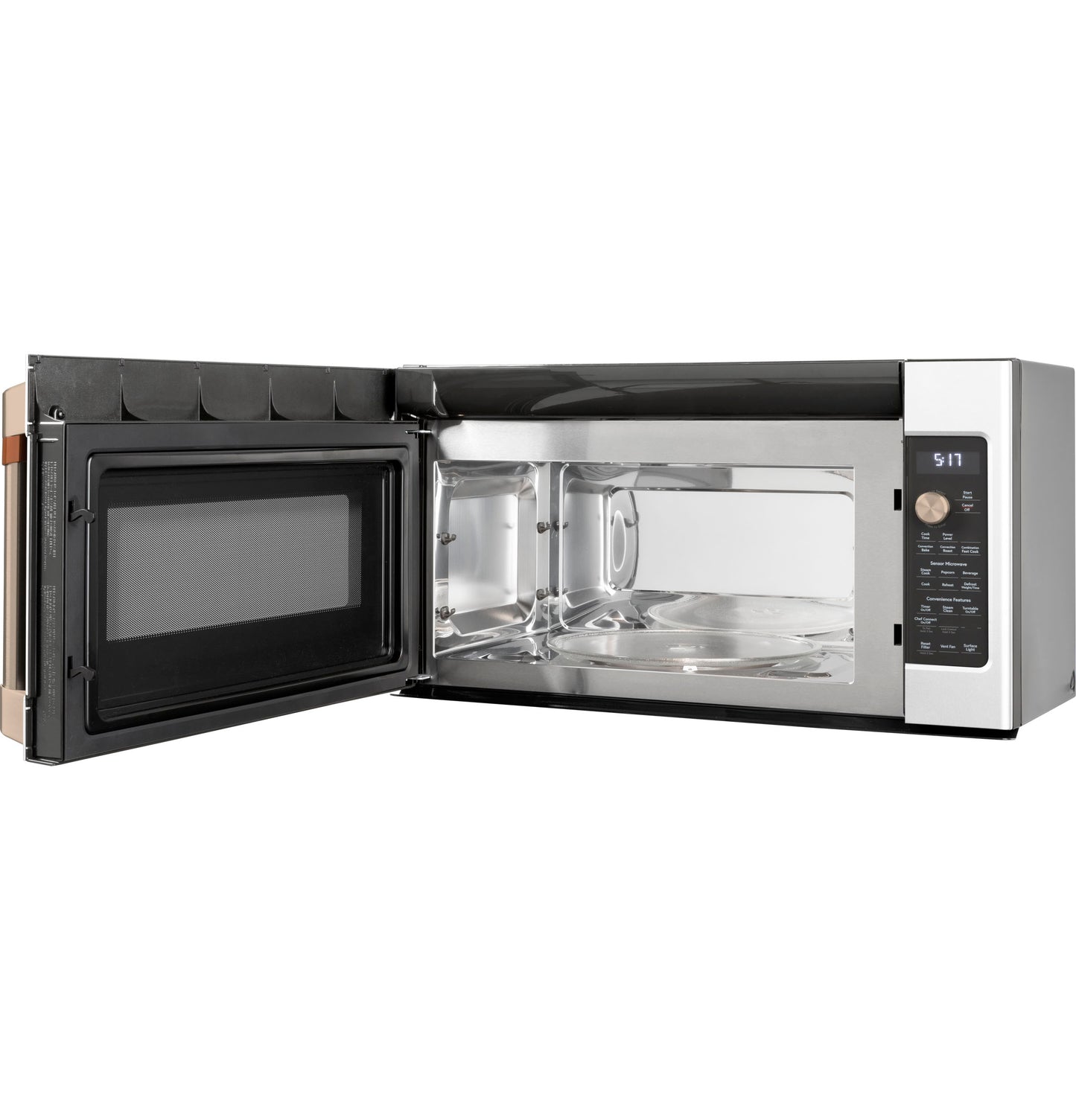 Stainless steel convection microwave oven with open door, digital control panel, and turntable from Over the Range Microwaves collection