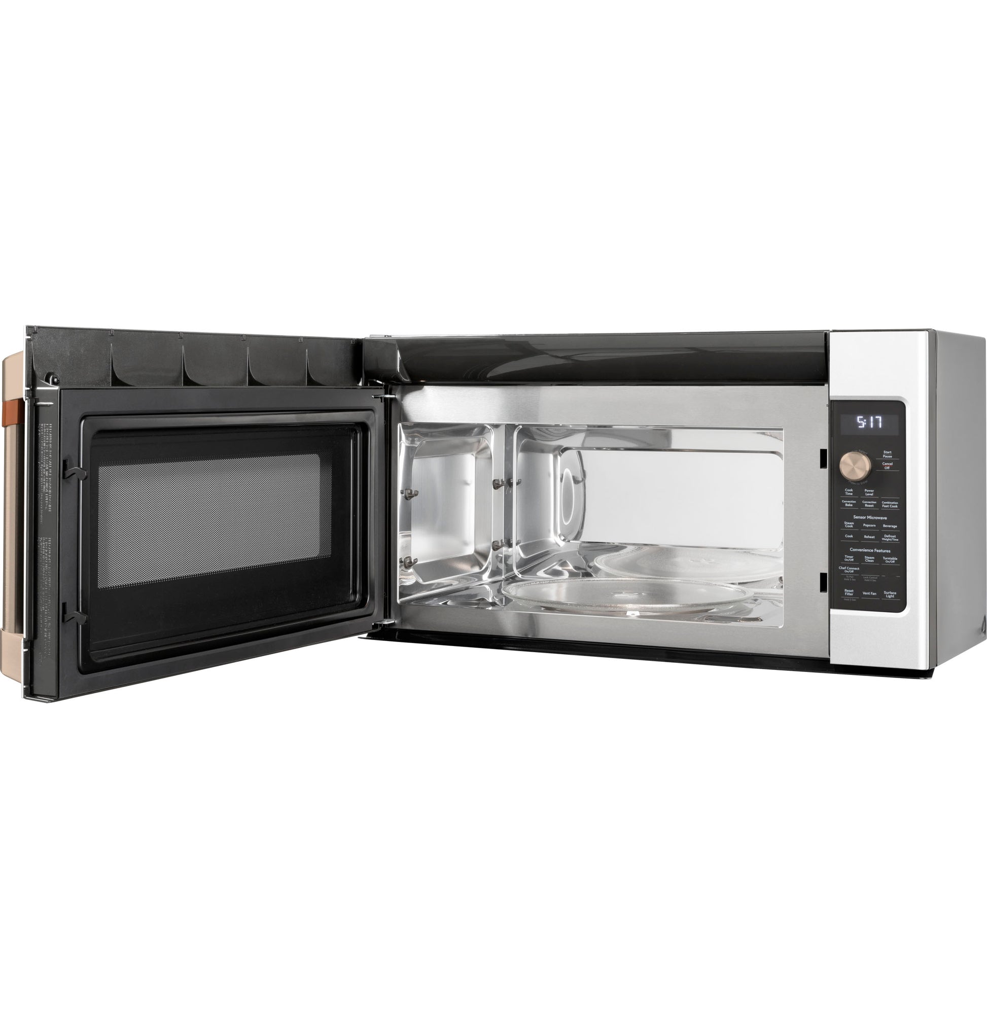 Stainless steel convection microwave oven with open door, digital control panel, and turntable from Over the Range Microwaves collection