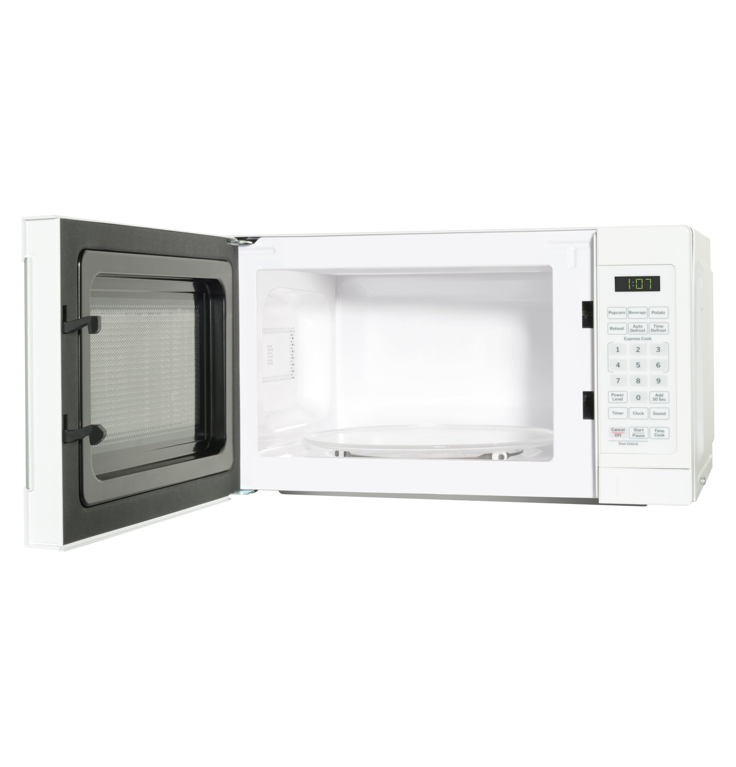 White countertop microwave oven with open door showing clean interior and digital control panel for kitchen use