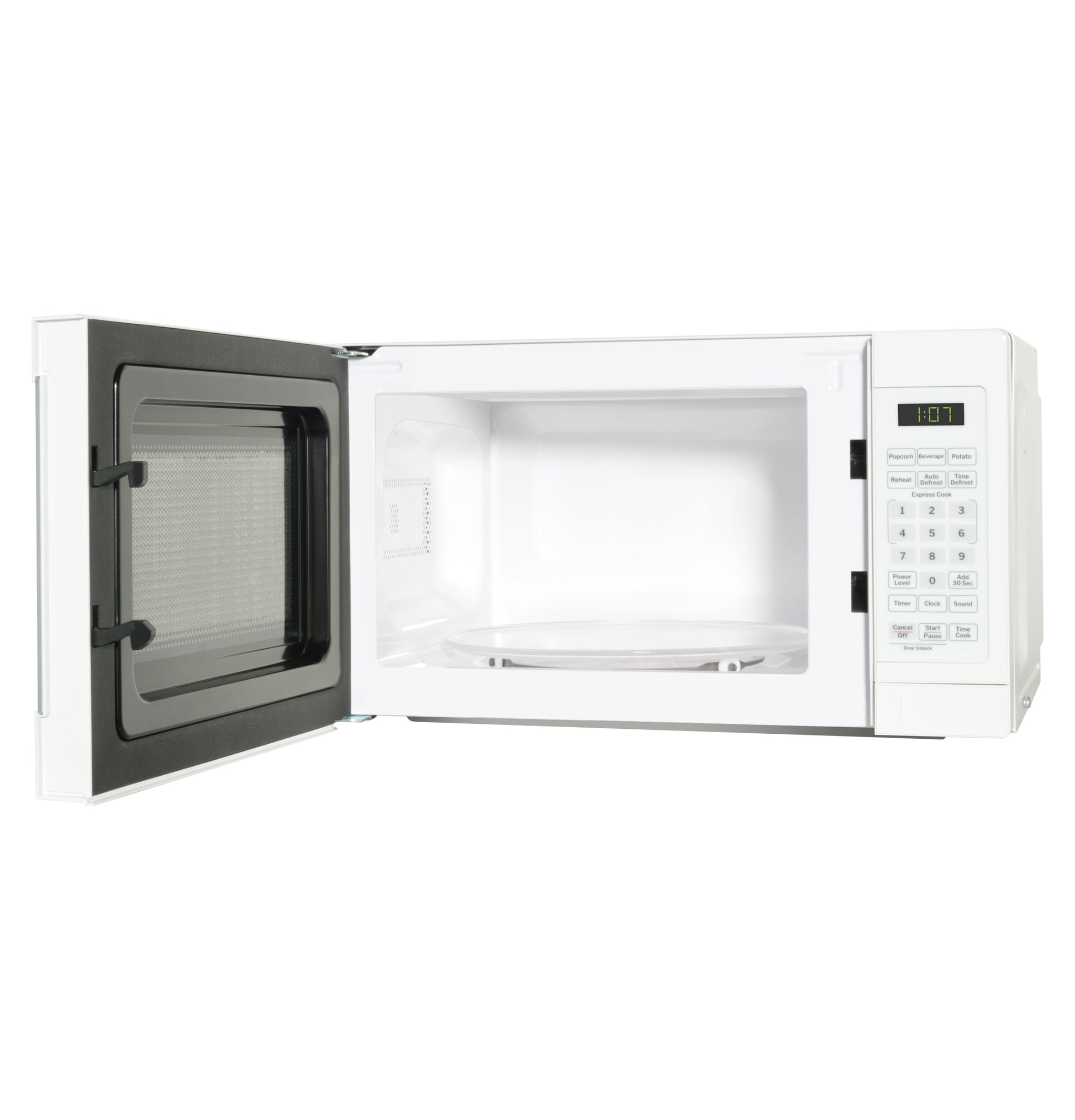 White countertop microwave oven with open door showing clean interior and digital control panel for kitchen use