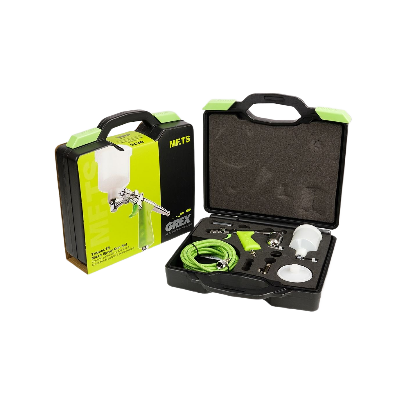 Black and lime green hard case with side gravity feed micro spray gun and accessories in paint sprayers collection