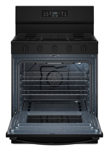 black 30-inch gas range with digital control panel, five knobs, and open oven door showing interior racks in ranges collection