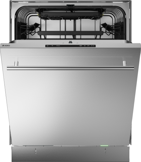 Stainless steel dishwasher with partially open door showing interior racks and program status light in kitchen appliance setting