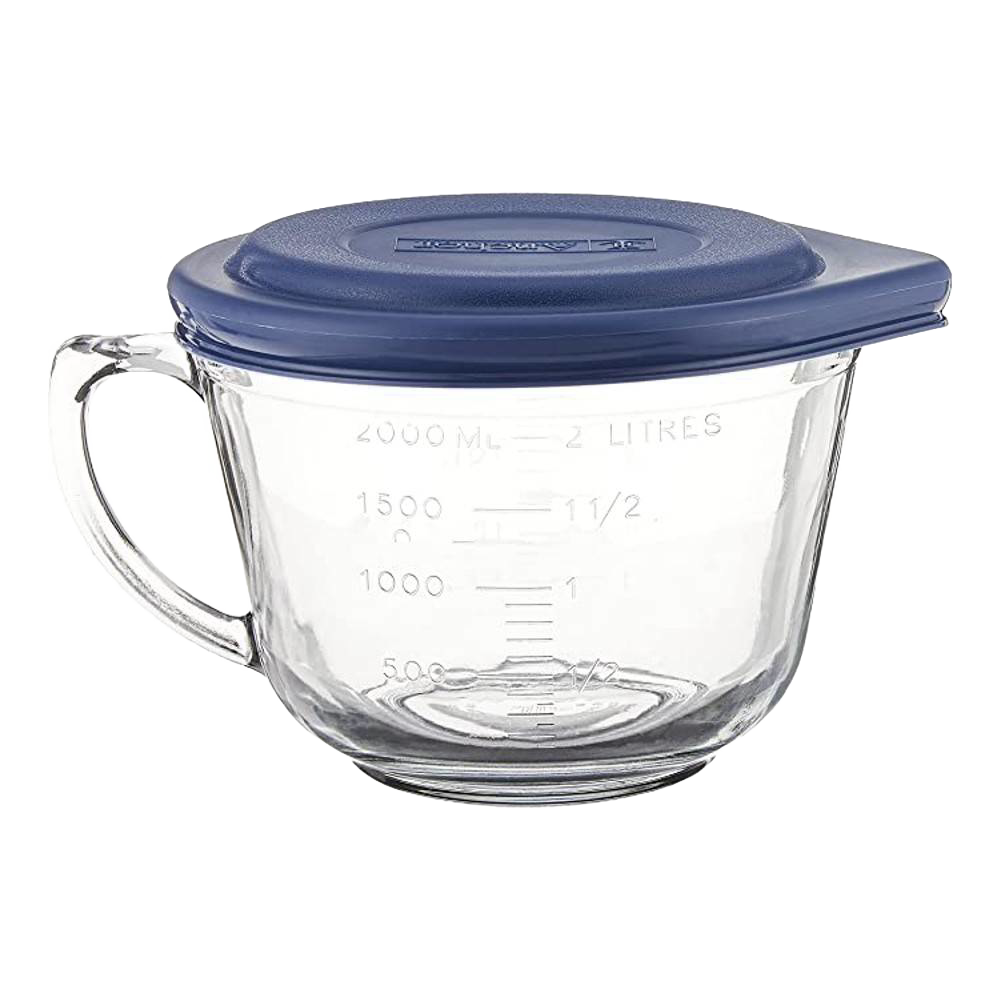 Clear glass batter bowl with blue lid and measurement markings for kitchenware and cooking tools under $50 collection
