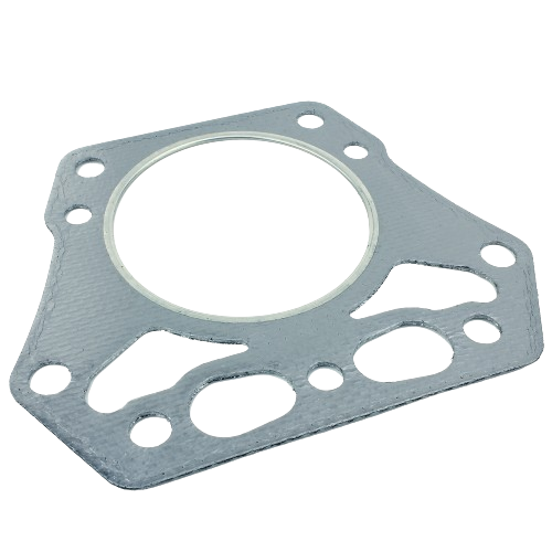 Gray engine cylinder head gasket with multiple bolt holes and a central sealing ring for engine components