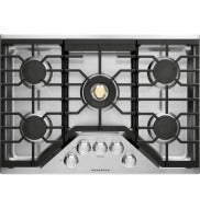 Deep-recessed gas cooktop with five burners and stainless steel finish for modern kitchen and home improvement projects