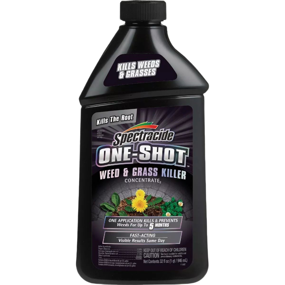 Black plastic bottle of concentrated weed and grass killer with detailed label for tools and home improvement use