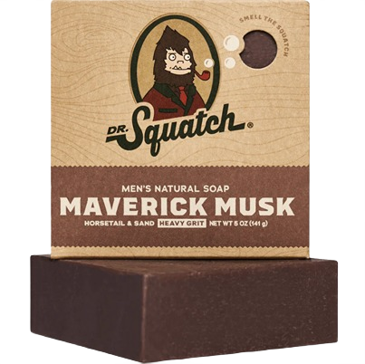 Natural bar soap labeled Maverick Musk with horse tail and sand scent in eco-friendly kraft packaging