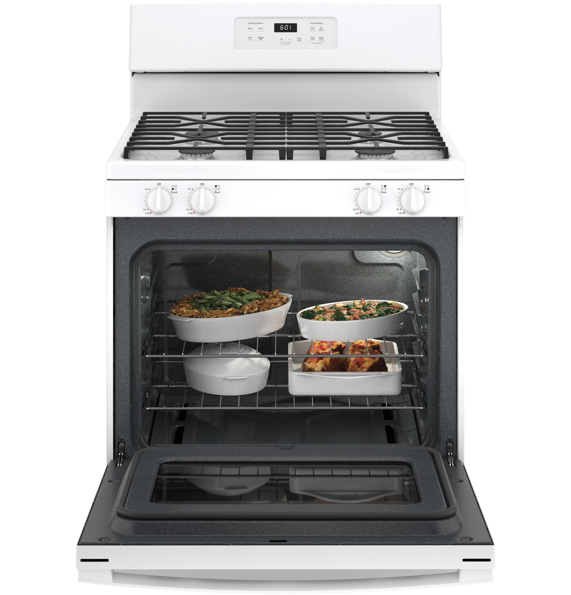 White freestanding gas range with four burners and open oven door showing multiple dishes inside in Ranges and Kitchen collections