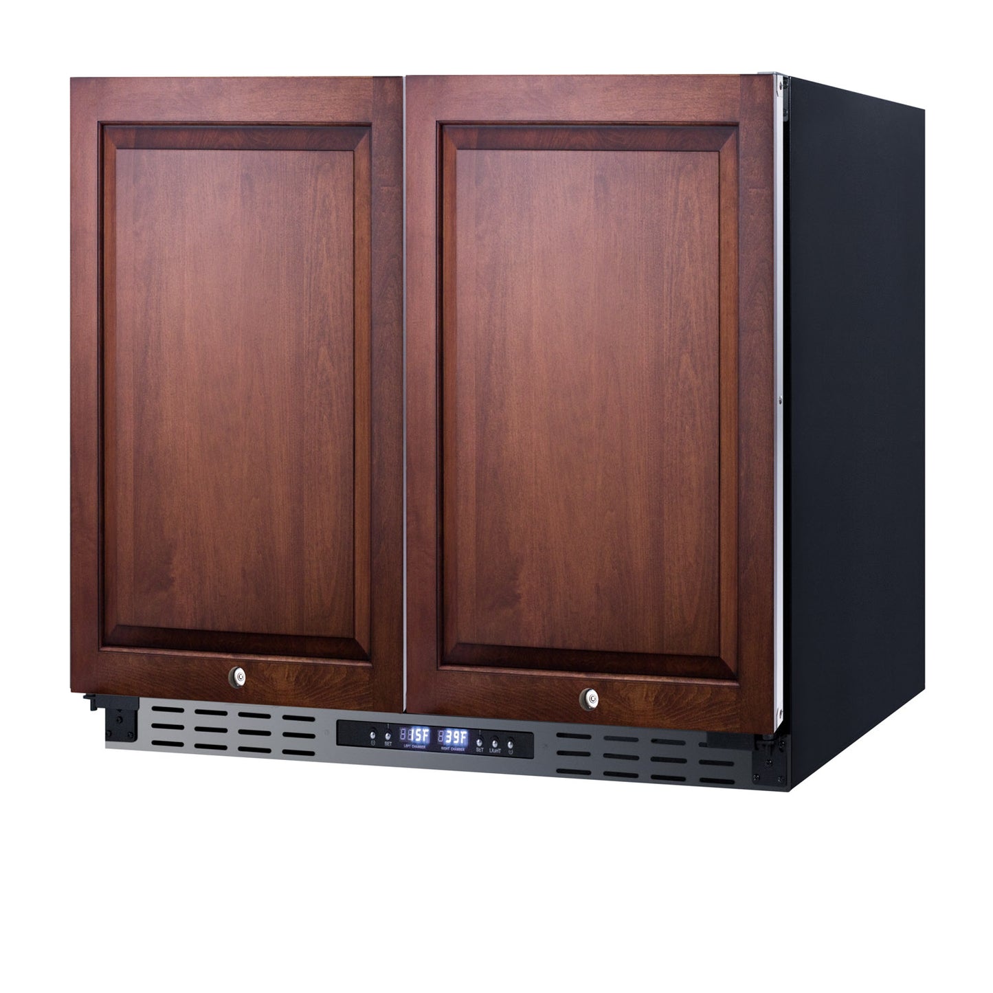 Built-in refrigerator-freezer with wooden panel doors and digital temperature display in kitchen appliances collection