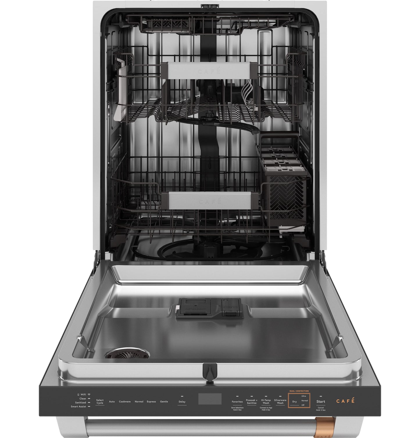 Open view of stainless steel interior built-in dishwasher with multiple adjustable racks and utensil holder in kitchen appliances collection