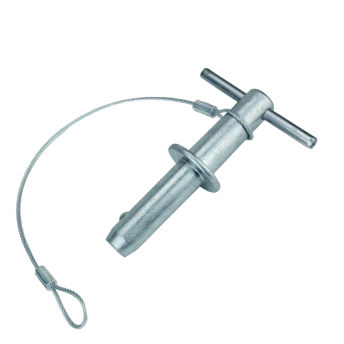 Galvanized steel quick-lock pin with T-handle and attached safety cable for John Deere hardware and parts use