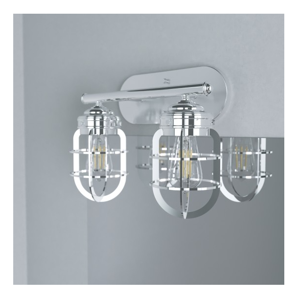 Chrome two-light vanity fixture with caged glass shades for bathroom wall lighting and home improvement collections