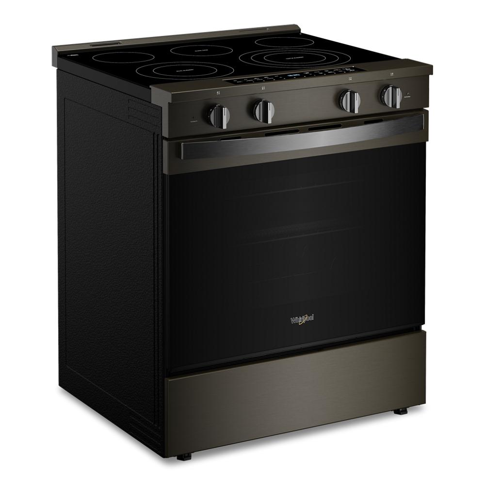30-inch smart slide-in electric range in dark finish with smooth glass cooktop, front control knobs, and large oven door, part of Ranges and Electric Ranges collections.