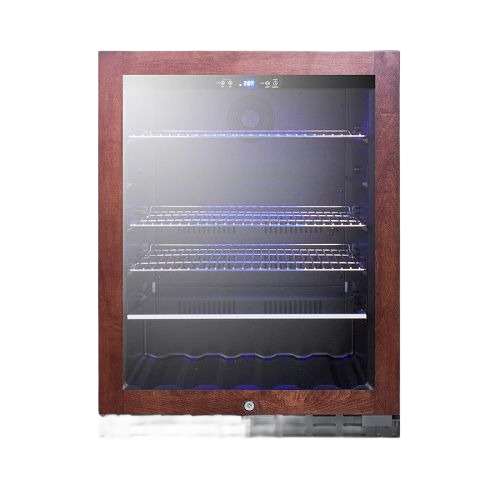 Built-in beverage cooler with tinted glass door, wood frame, adjustable metal shelves, and digital temperature display in kitchen setting