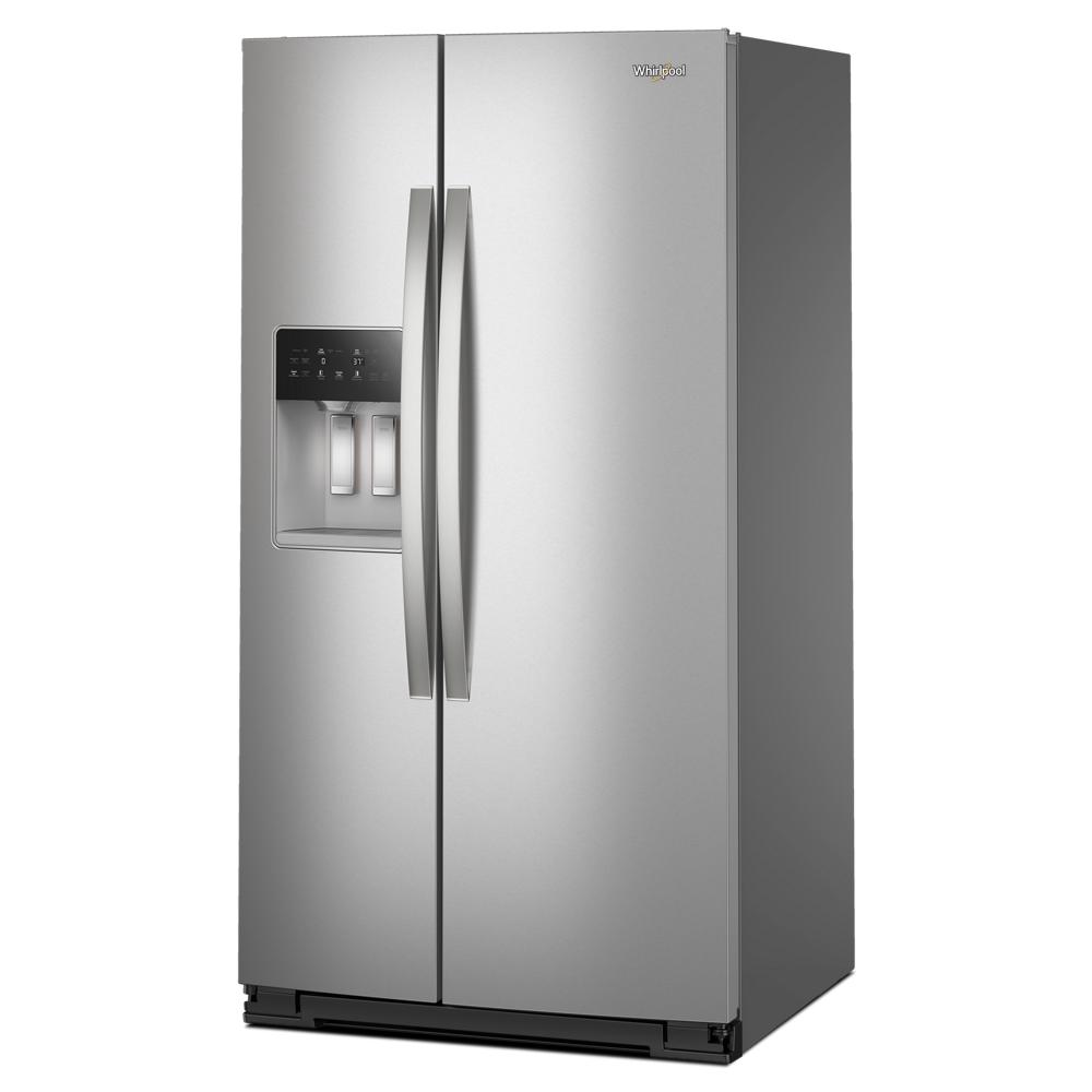 36-inch wide side-by-side refrigerator in stainless steel with water dispenser from kitchen appliances collection