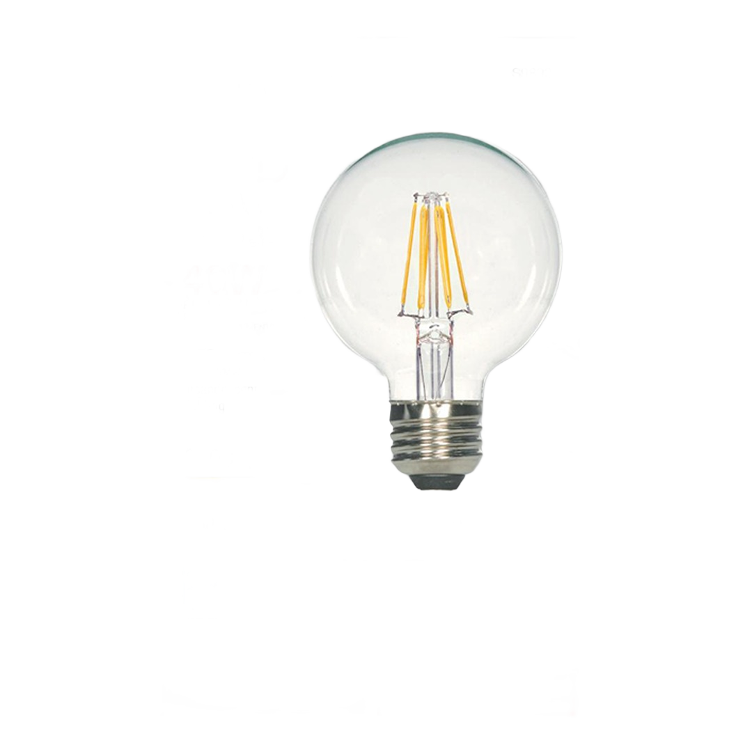 Clear globe LED bulb with visible filament and metal screw base suitable for home improvement lighting applications