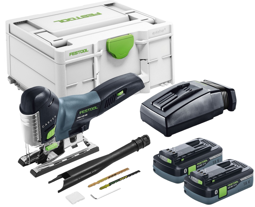 Cordless barrel grip jigsaw kit with battery packs, charger, blades, and storage case for power tools collection