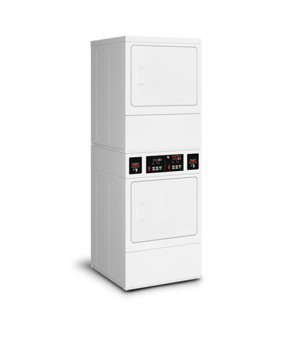 White commercial stack electric dryer with solid doors and coin drop controls from Electric Dryers collection