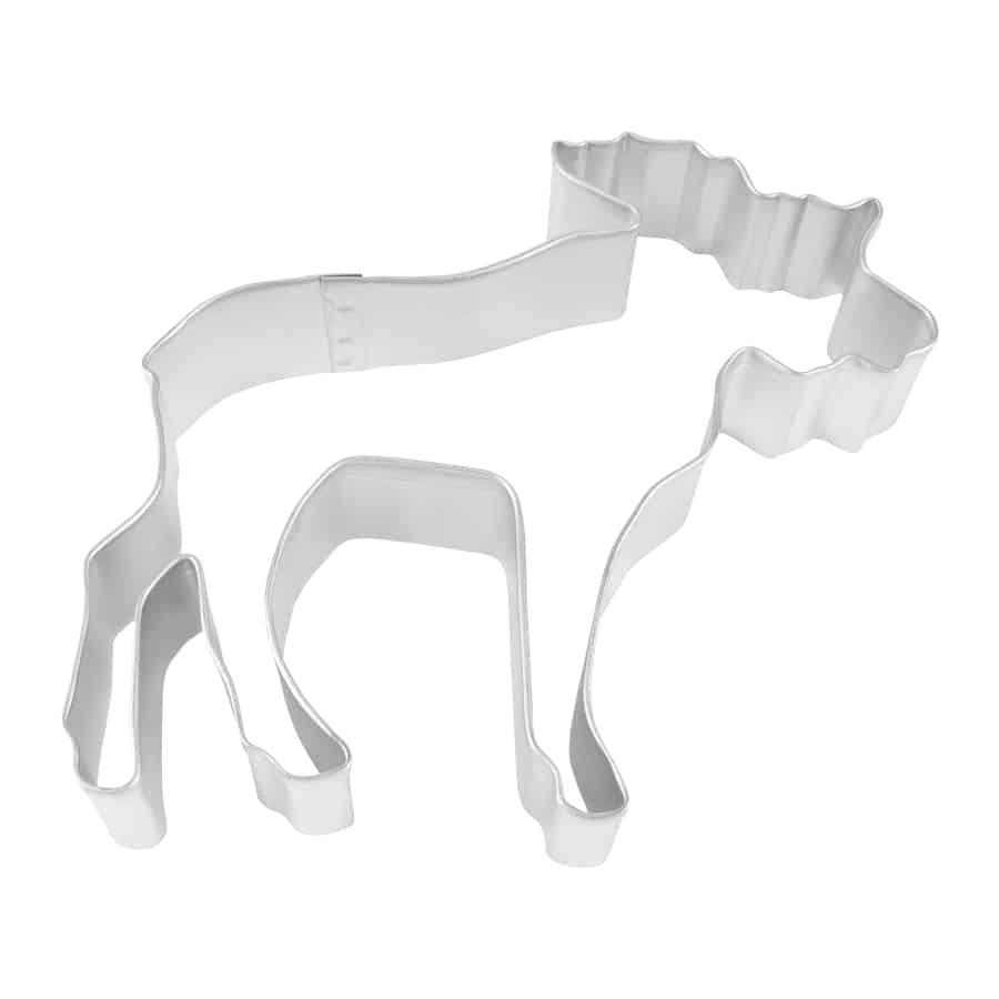 Metal cookie cutter shaped like a moose, designed for baking and kitchen use with a 4.5-inch size.