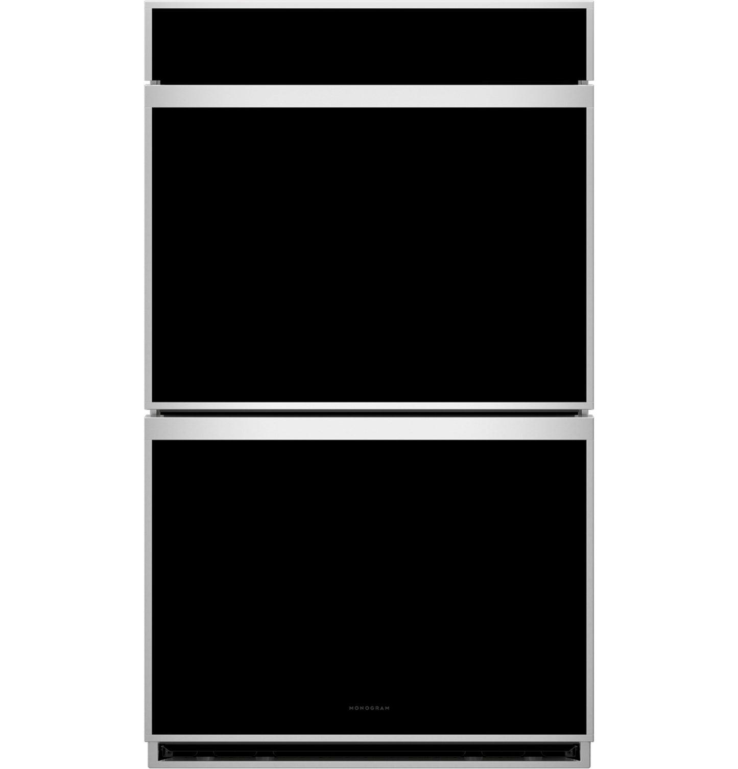 Monogram minimalist double wall oven with sleek black glass doors and stainless steel trim from appliances collection