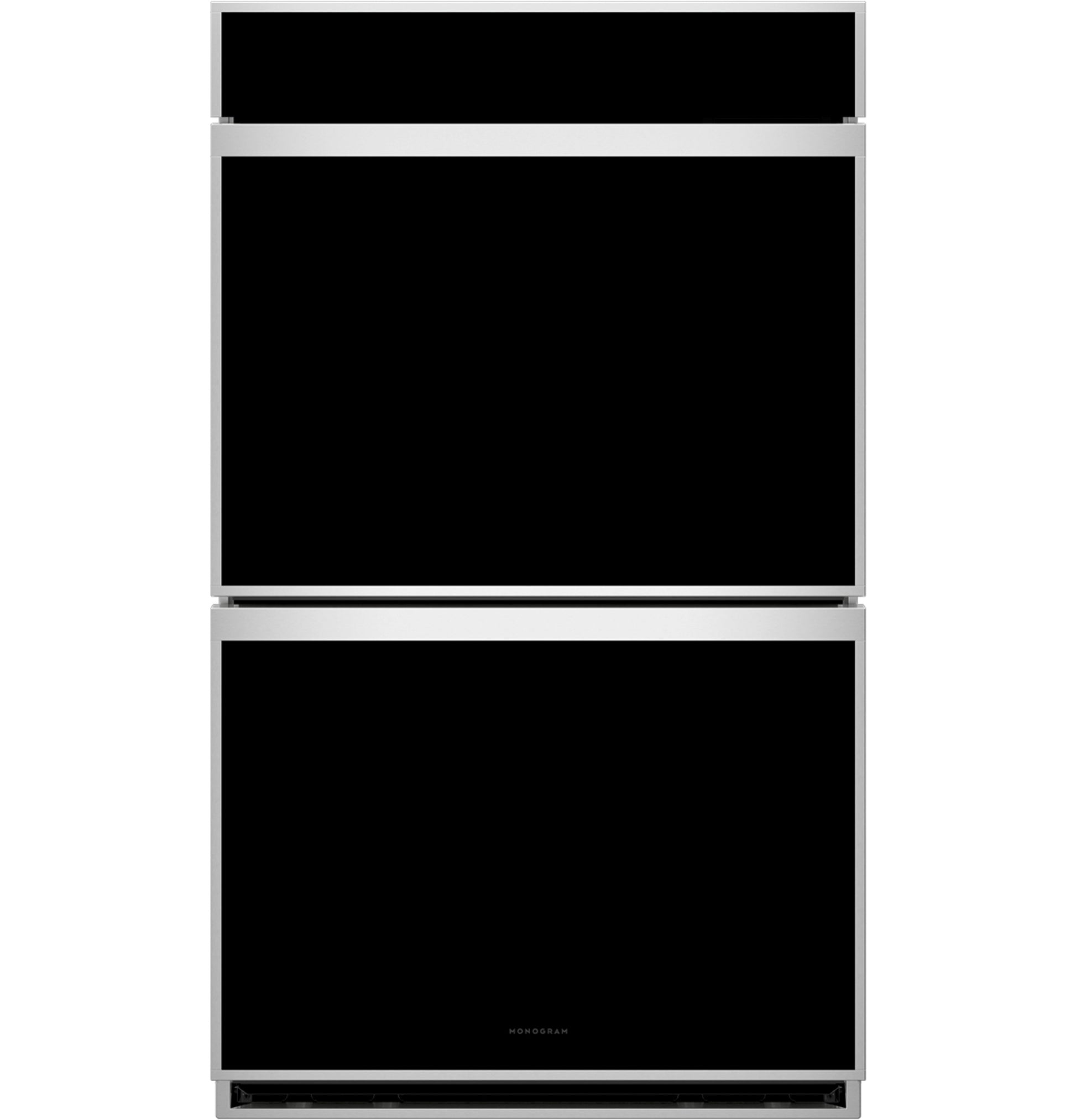 Monogram minimalist double wall oven with sleek black glass doors and stainless steel trim from appliances collection