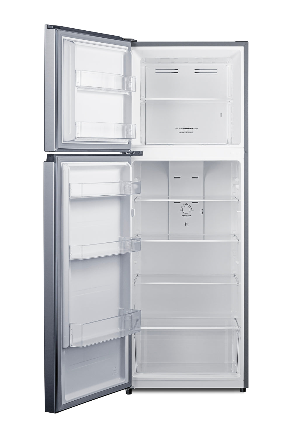 Open 24-inch wide top freezer refrigerator with adjustable shelves and clear door bins for kitchen appliance use