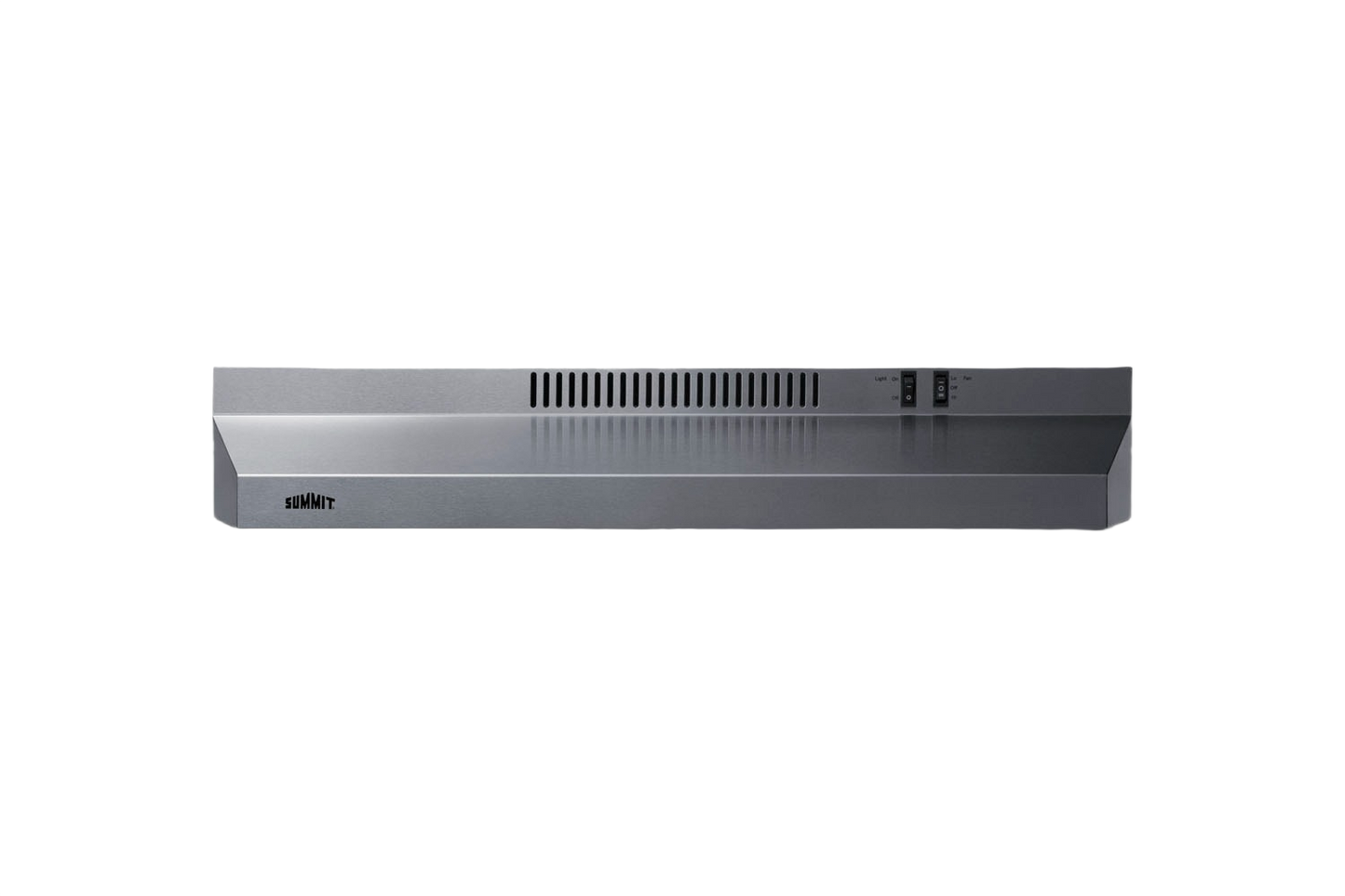 stainless steel under cabinet range hood with vent panel and control switches in kitchen and appliances collection