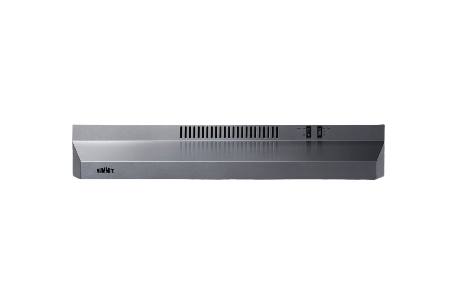 stainless steel under cabinet range hood with vent panel and control switches in kitchen and appliances collection
