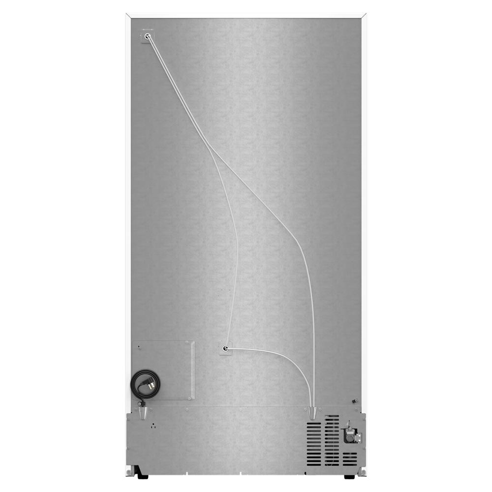 Rear view of a stainless steel 36-inch wide side-by-side refrigerator showcasing external connections in appliances collection