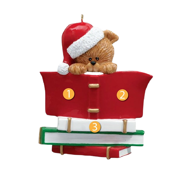 Cute bear in Santa hat peeking over red book stack for Christmas Ornaments & Tree Decorations under $50 collection