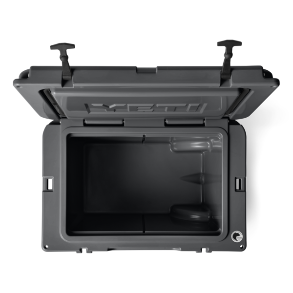 Open gray insulated hard cooler with latch locks and spacious interior for food storage and organization use