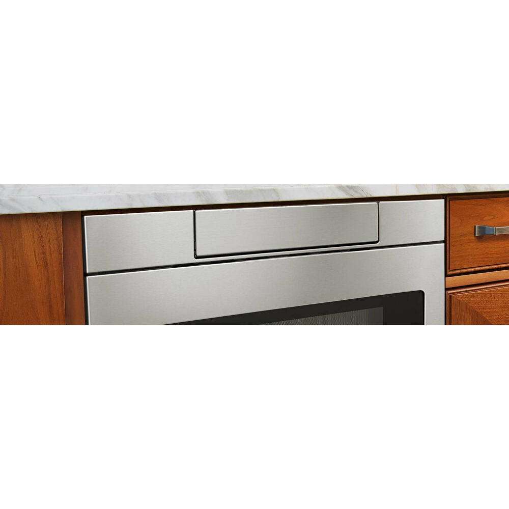 Stainless steel microwave drawer with flat panel and easy touch open, built-in for kitchen appliances and home improvement.