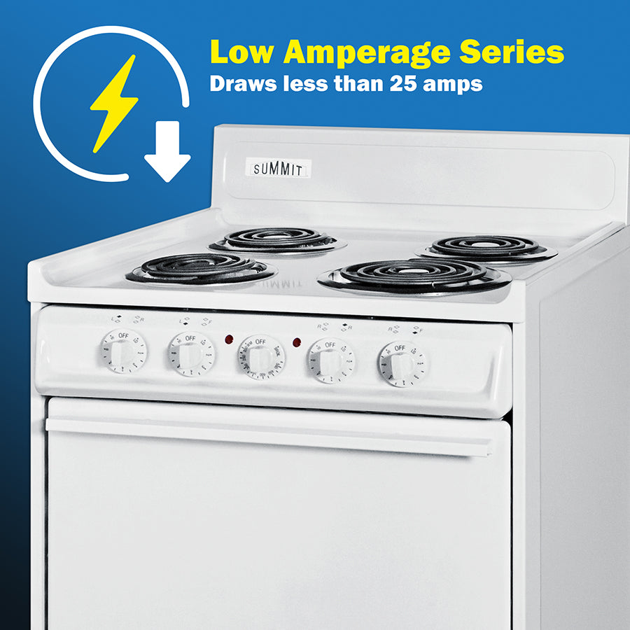 White electric coil cooktop range with four burners and control knobs for compact kitchens and appliance collections