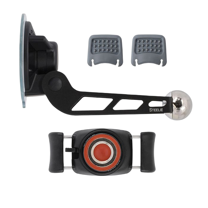 Black and silver windshield phone mount kit with magnetic ball joint and adjustable grip for wire and electrical accessories
