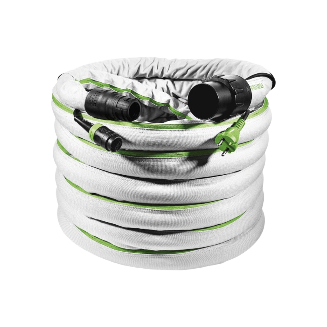 White anti-static hose with green accents and black connectors for dust extraction in woodworking and dust management collections