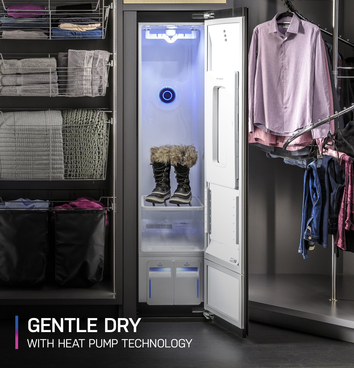 Tall white fabric care closet with blue LED light drying boots inside in a modern laundry center setting